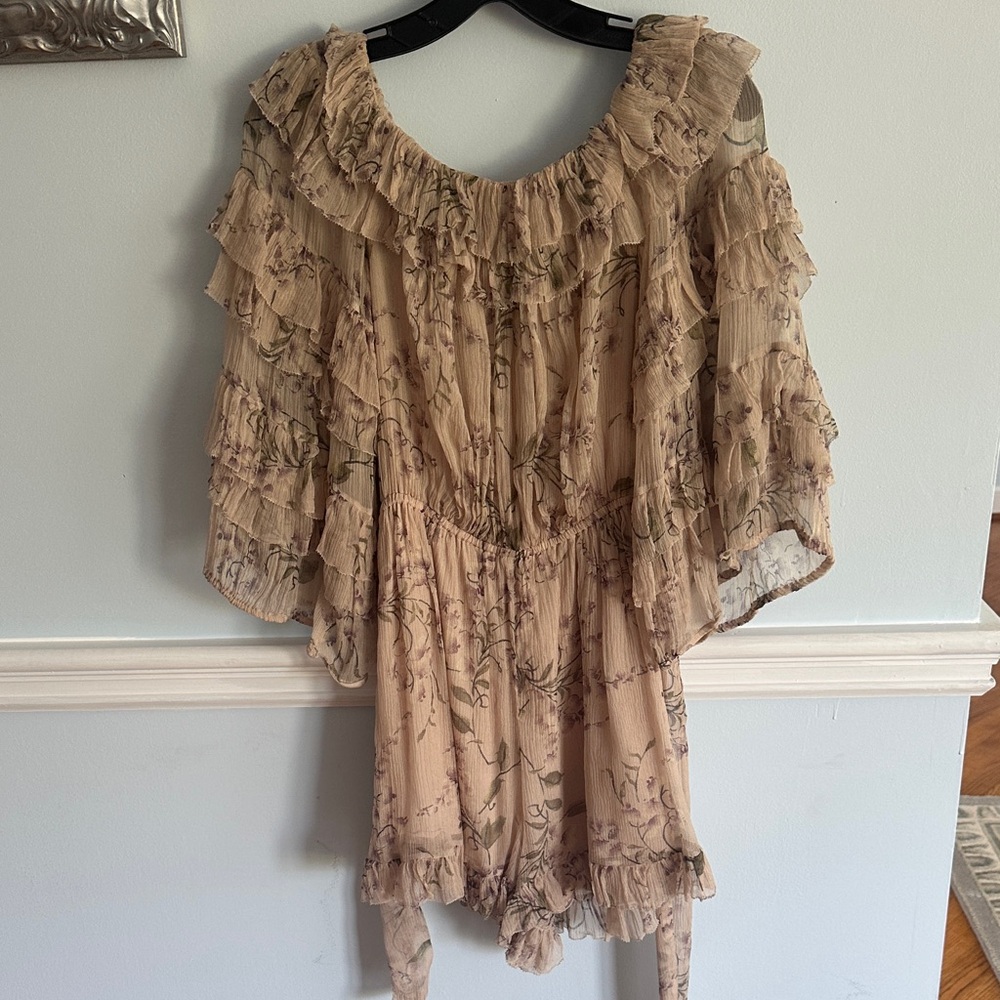Zimmermann Floral Ruffle Playsuit in Beige
